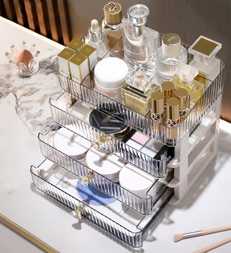 Makeup Organizer with 3 Drawers, Bathroom Counter Organizer. | Clear Cosmetic Display Case, Ideal for Make Up, Skincare, Perfume; Suitable for Dresser Top, Vanity and Desk