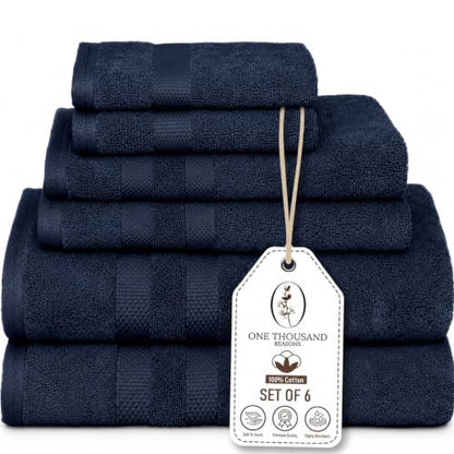 Premium Staple Cotton Bathroom Towel Set - Navy 600 GSM 6-Piece Luxury Bath Towel Set 3 Stripe - 2 Bath Towels, 2 Hand Towels & 2 Washclothes Set - High Absorbent & Quick Dry for Gym, Spa, Hotel - color: Navy - 3 Stripe