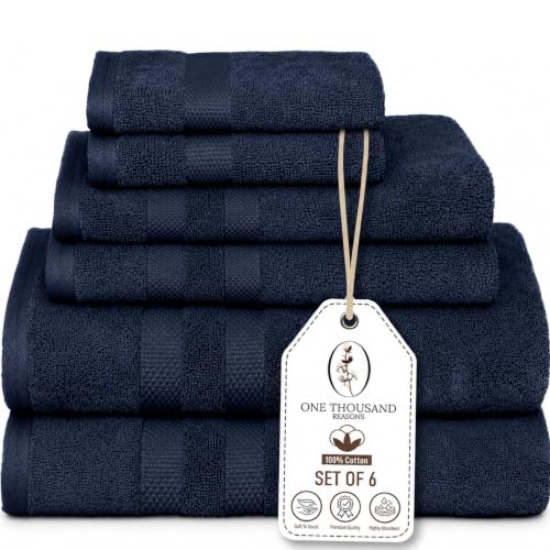 Premium Staple Cotton Bathroom Towel Set - Navy 600 GSM 6-Piece Luxury Bath Towel Set 3 Stripe - 2 Bath Towels, 2 Hand Towels & 2 Washclothes Set - High Absorbent & Quick Dry for Gym, Spa, Hotel - color: Navy - 3 Stripe