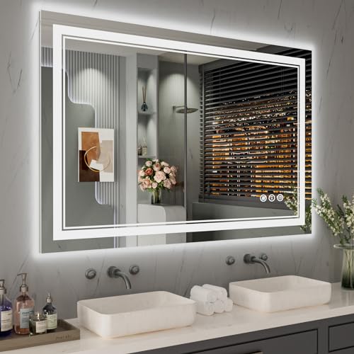 48x32 Inch LED Bathroom Mirror with Lights | Front and Backlit, 3 Colors, Dimmable, Memory, Anti Fog, Shatterproof, Horizontal/Vertical, Lighted Mirrors for Bathroom Wall - color: Dual Lights, size: 48"L x 32"W