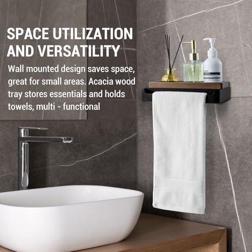 MyGift Modern Matte Black Wall Mounted Towel Rack with Acacia Wood Shelf – Metal Bathroom Storage Organizer for Towels and Décor