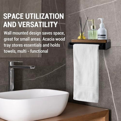 MyGift Modern Matte Black Wall Mounted Towel Rack with Acacia Wood Shelf – Metal Bathroom Storage Organizer for Towels and Décor