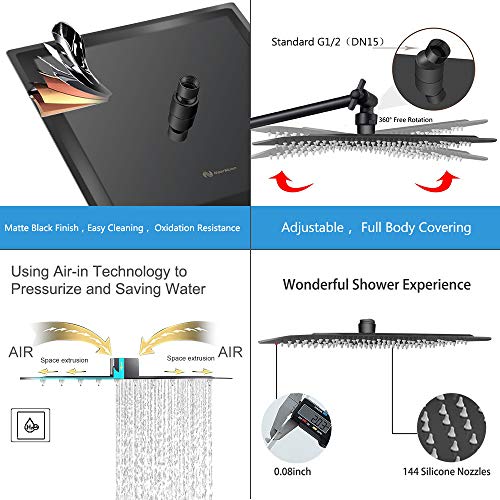 NearMoon Rain Shower Head with 11’’ Adjustable Extension Arm, Large Stainless Steel High Flow Rainfall Square Head, Bath Shower Waterfall Full Body Coverage (12 Inch, Matte Black) - color: Matte Black, size: 12 Inch