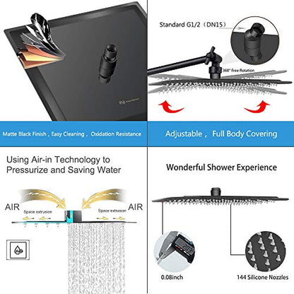 NearMoon Rain Shower Head with 11’’ Adjustable Extension Arm, Large Stainless Steel High Flow Rainfall Square Head, Bath Shower Waterfall Full Body Coverage (12 Inch, Matte Black) - color: Matte Black, size: 12 Inch