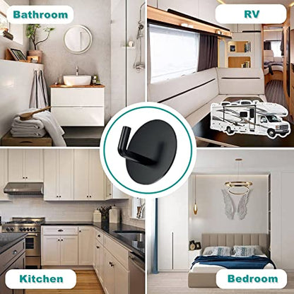 BARONAGE Adhesive Hooks 4 Pack, Black | Stainless Steel Sticky Shower Hooks, Waterproof, Rustproof, Heavy Duty Towel Hook, Easy Install, Traceless Hook For Bathroom