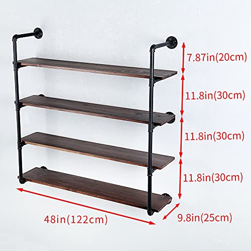 Industrial Pipe Shelves With Wood Planks,Rustic Pipe Shelving Wall Shelf | Metal Pipe Solid Pine Wood,Easy to Assemble,Wooden Board Thickness 0.78 In,For Bar Farmhouse Kitchen Office Bathroom,Bedroom - color: 4-layer, size: 48in