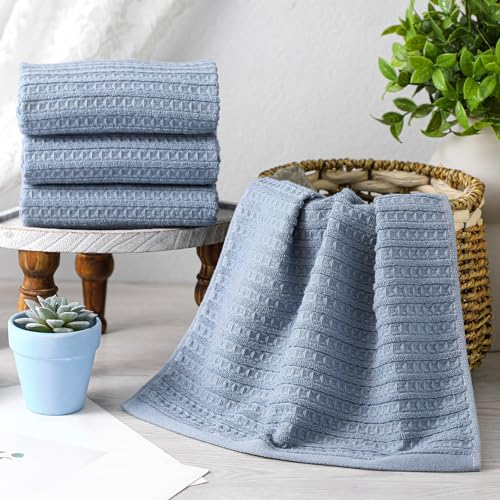 4 Pack Blue Hand Towels Waffle 100% Cotton 13x29 Inch | Soft Absorbent Bathroom Kitchen Use, Waffle Texture Quick Dry, Durable Cotton Washcloths Ideal for Guests Daily Needs - color: Blue