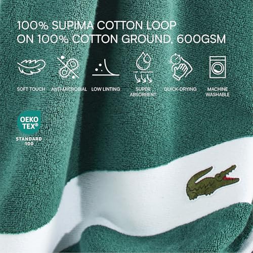Lacoste Sport Stripe 6-Piece Luxury Cotton Towel Set – Made with 100% Soft Supima Cotton, Absorbent & Quick-Drying, Includes 2 Bath Towels, 2 Hand Towels, 2 Washcloths, Croc Green - color: Croc Green