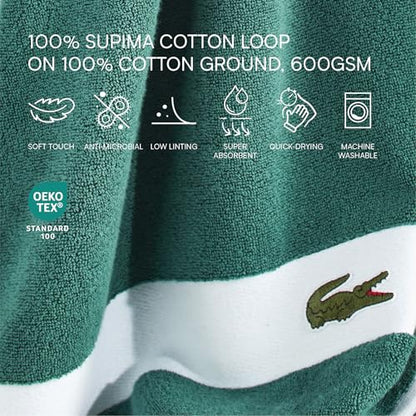 Lacoste Sport Stripe 6-Piece Luxury Cotton Towel Set – Made with 100% Soft Supima Cotton, Absorbent & Quick-Drying, Includes 2 Bath Towels, 2 Hand Towels, 2 Washcloths, Croc Green - color: Croc Green
