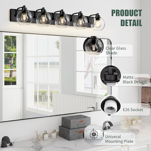 5 Light Bathroom Light Fixtures-Matte Black Bathroom Vanity Lights, Modern Vanity Lights 5-Light Bathroom Lighting Fixtures Over Mirror with Clear Glass Globe Shade - color: ‎Matte Black, size: 5-Light