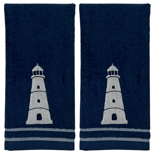 Serafina Home Coastal Bathroom Fingertip Towels – Set of 2 Dark Blue 100% Cotton Embroidered Lighthouse Design with Striped Border – 18 x 12” Decorative Bath & Kitchen Towels - color: Navy Lighthouse