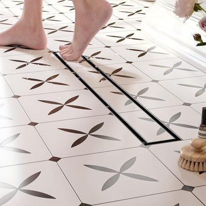 Neodrain 24In Offset Linear Shower Drain w/Tile Insert Grate Cover, Black | 304 Stainless Steel Rectangle Side Outlet Shower Floor Drain, Adjustable Leveling Foot, Hair Strainer/Catcher - color: Matte Black-tile Insert Cover, size: 24 IN