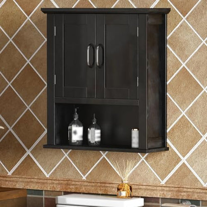 ChooChoo Wood Bathroom Wall Cabinet with Door, Black Medicine Cabinet | Rustic Over The Toilet Storage Cabinet, Adjustable Shelf, Open & Concealed Storage, 7.5 x 21.6 x 24 Inches - color: Black