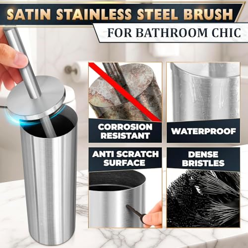 Toilet Brush and Holder Set, Stainless Steel Material (Silver) | Toilet Brush with Holder Set for Bathroom, Splash Protection & Dense Bristles for Bathroom Cleaning, Removable Inner Bowl