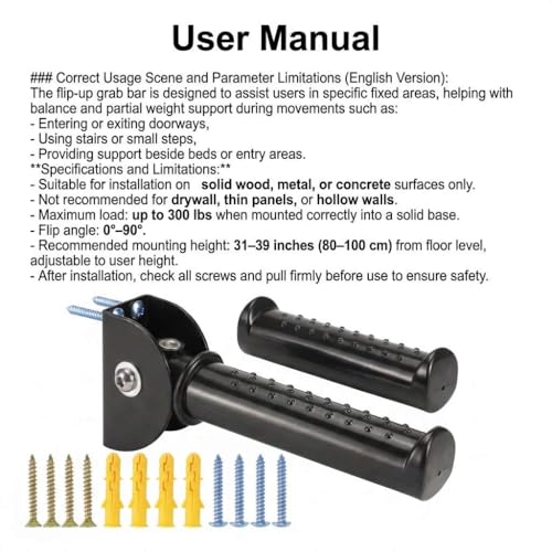 QWORK 2 Pack Folding Grab Bars for Stairs & Doorways, Flip-Up Assist Handle for Seniors, Handicap, Door Assistant Support Grip Handle, 300 lbs Capacity