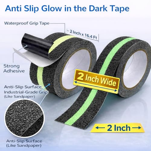 Anti Slip Tape with Glow in Dark, 2 inch x16.4ft Anti Slip Grip Tape for Stairs, Floors, Decks, Bathrooms & Outdoors, Waterproof PVC Non Skid Safety Tape with Glow at Night - size: 2 inches x 16.4 feet