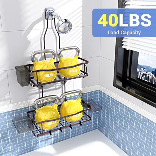 Hanging Shower Caddy Over Shower Head - No Drill Rustproof Shower Rack | Includes Soap Holder and Hooks for Shampoo, Conditioner, and Bathroom Essentials with Stable Storage in Any Shower Space - color: Bronze