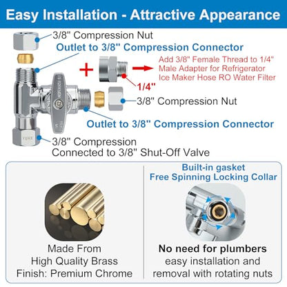 3/8" Compression Tee, 3/8 water line splitter for Dishwasher, Refrigerators | Brass Angle Stop Add-A-Tee Valve,Under Sink T Water Line Connector with Shut-Off for Second Faucet,3/8" x 3/8" x 3/8" or 1/4" - size: 3/8"x3/8"x3/8" or 1/4"