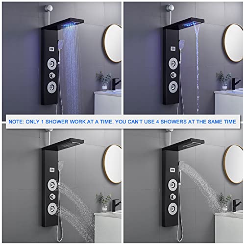 ROVOGO RETROFIT Shower Panel Tower with LED Lights and Temperature Display | Rainfall Waterfall Shower Head, Body Jets and Handheld, Stainless Shower Column Black, Easy Connect, NOT INCLUDE MIXING VALVE