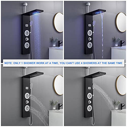 ROVOGO RETROFIT Shower Panel Tower with LED Lights and Temperature Display | Rainfall Waterfall Shower Head, Body Jets and Handheld, Stainless Shower Column Black, Easy Connect, NOT INCLUDE MIXING VALVE