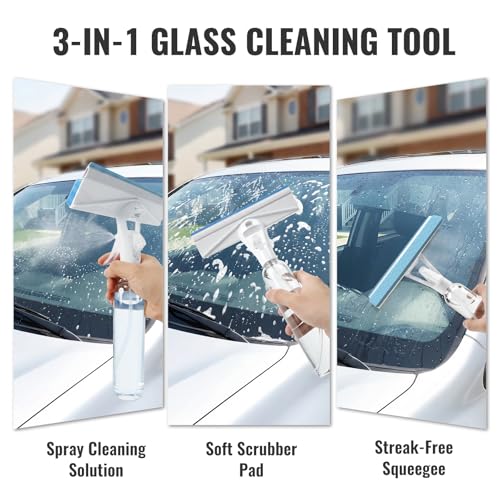 3-in-1 Window Squeegee for Window Cleaning with 300ML Tank & Scrubber | Window Cleaning Kit with Sponge Scrubber, Shower Squeegee for Glass Doors, Mirrors, Windshields, Car Windows & Hanging Hole