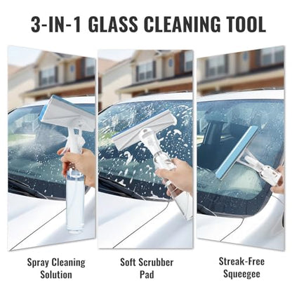 3-in-1 Window Squeegee for Window Cleaning with 300ML Tank & Scrubber | Window Cleaning Kit with Sponge Scrubber, Shower Squeegee for Glass Doors, Mirrors, Windshields, Car Windows & Hanging Hole