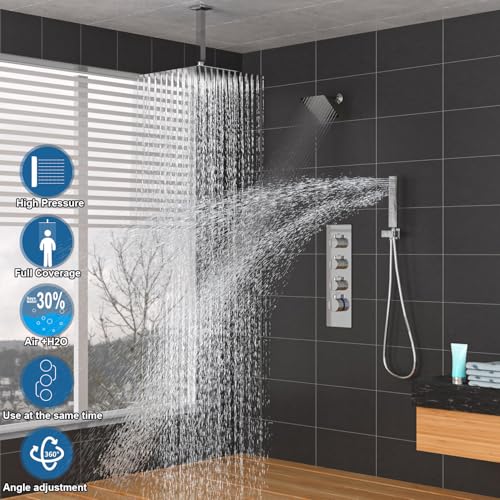 Enga Thermostatic Dual Head Shower System, 16 Inch Ceiling Mount Shower Head with 6 Inch Wall Mount Shower Head Shower Faucet Set, All Functions Can Operate Simultaneously, Chrome - color: Chrome, style: ‎16"+6" Head