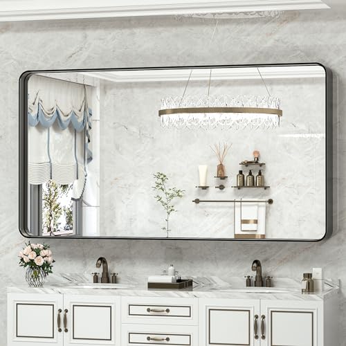 Black Bathroom Mirror for Wall 60 x 28 in Vanity Mirror with Non-Rusting Aluminum Alloy Brushed Matte Metal Frame for Modern Minimalist Farmhouse Home Decor (Horizontal/Vertical) - color: Black, size: 28"L x 60"W, style: Rectangle