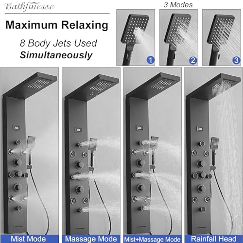 Stainless Steel Shower Panel Tower System 6 IN 1 Massage System | Rainfall Waterfall Shower Head,Two Mode Body Spray Jets,Waterfall Tub Spout,with Temperature Display,Wall Mounted,Matte Black - color: Black