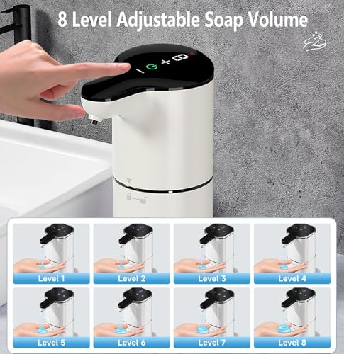 Automatic Soap Dispenser,Liquid Hand Soap Dispenser for Bathroom Kitchen,8 Adjustable Levels,12.4 oz/350mL Touchless Dispenser,Rechargeable 2000mAh (White-Liquid)
