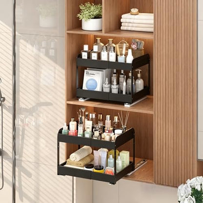 Across-Star Expandable Pull Out Drawers For Shallow Cabinets, 2-Tier Slide Out No Drill Adhesive Kitchen Cabinet Organzier, Adjustable Roll Out Sliding Shelf For Short Upper Cabinet Pantry - size: 8.4''-14.2''W*10.24''D*10.82''H