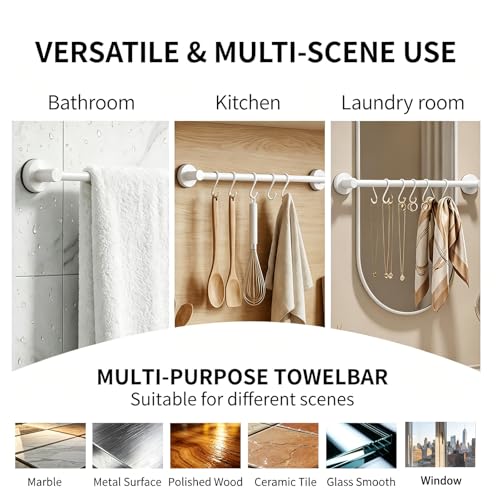 Towel Racks for Bathroom Suction Cup Towel Bar 14.6-24in Adjustable | No Drill Bathroom Towel Holder, Stainless Steel Construction, Heavy Duty Wall Mounted (white) - color: White