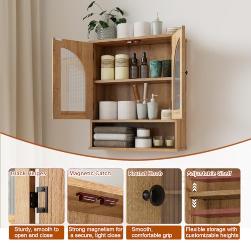 Bathroom Cabinet Wall Mounted with Tempered Glass Doors,Wooden Medicine Cabinet with Adjustable Shelf Open Shelf,Over Toilet Space Saver Storage Cupboard Natural Oak - color: Natural Oak