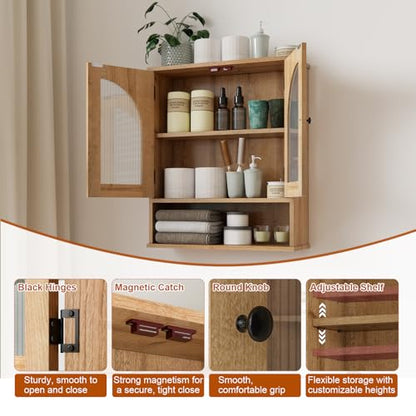 Bathroom Cabinet Wall Mounted with Tempered Glass Doors,Wooden Medicine Cabinet with Adjustable Shelf Open Shelf,Over Toilet Space Saver Storage Cupboard Natural Oak - color: Natural Oak