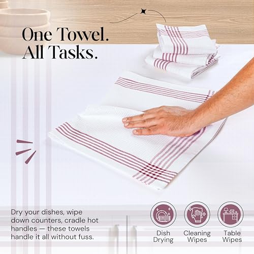 Burgundy and White Waffle Kitchen Towels 5 Pack, 100% Cotton, 16x26 Inch, Absorbent, Quick Dry, Durable Dishcloths for Wiping, Cleaning, Machine Washable, Kitchen, and Cooking Use - color: Burgundy Wine, White, style: 5 Pack