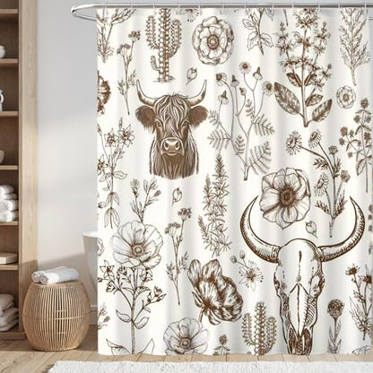 Wild West Bull Skull Shower Curtain Western Cactus Cow with Flowers Shower Curtains Brown Southwestern Bathroom Shower Curtain Set Bohemian Farmhouse Nature Bathroom Home Decor 72X72 inches - color: Brown Cream
