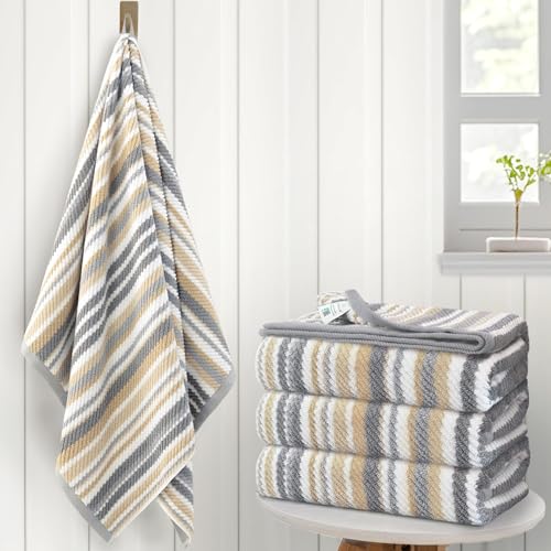 VOOVA & MOVAS Bath Towels 4 Pack, 100% Cotton, 28x52 in, Tan Gray Beige | Perfect for Body Drying after Shower, Quick Dry, Absorbent, Lightweight, Bath Towels with Hanging Loops - color: Beige + Gray Striped, size: 4 PC Bath Towels (28"x52")