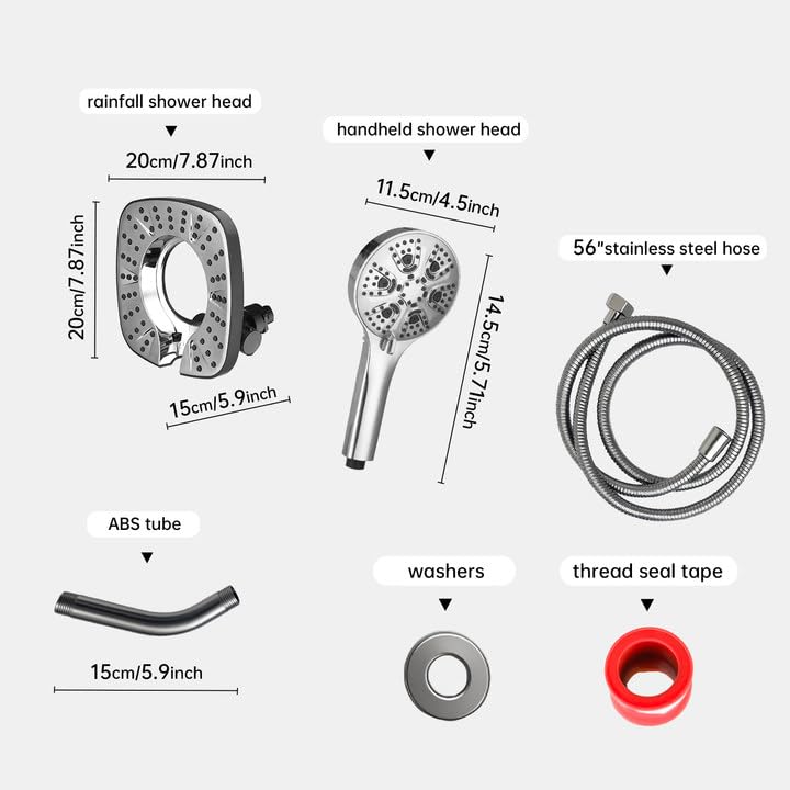 Shower Head with Handheld Spray Combo 2 in 1 Rainfall High Pressure with 59" Rotatable Stainless Steel Hose 9 Spray Modes Detachable Silver - color: Silver