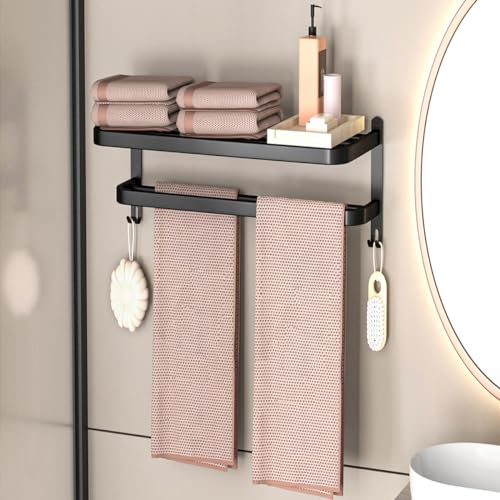 15 Inch Black Towel Racks for Bathroom Towel Shelf with Double Towel Bars Lavatory Wall Mount Holder with Hooks Stainless Steel Hotel Bath Rack (Matte Black) - color: Black15