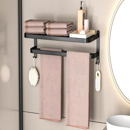 15 Inch Black Towel Racks for Bathroom Towel Shelf with Double Towel Bars Lavatory Wall Mount Holder with Hooks Stainless Steel Hotel Bath Rack (Matte Black) - color: Black15