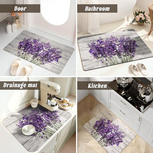 SolAzul Lavender Leather Diatomaceous Earth Bath Mat, Lavender Floral Super Absorbent Diatomite Stone Bath Mat Quick Dry Thin Bathroom Floor Purple Mat Rug (16×24 Inch) - color: Lavender