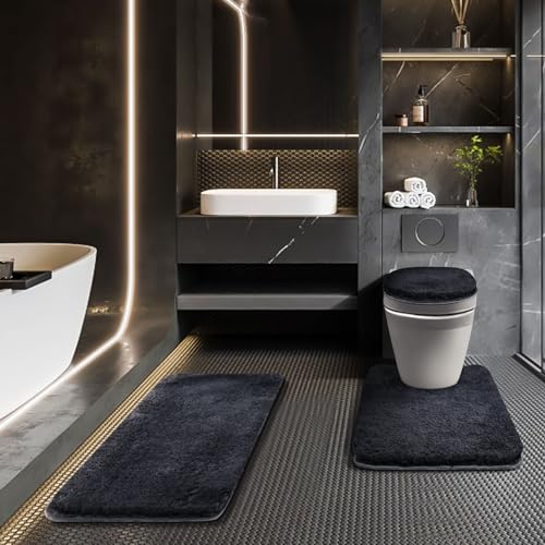 Shower Curtain Sets with Rugs and Adjustable Toilet Seat Cover | 4 Pcs Dark Grey Bathroom Sets with Shower Curtain and Rugs and Microfiber Toilet Lid Cover - color: Dark Grey
