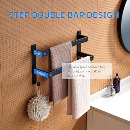 16 Inch Double Towel Bar with Hooks Matte Black, Stainless Steel Bath Shower Towel Rack Wall Mounted Towel Rod Holder for Bathroom - color: Matte Black, size: 16-Inch