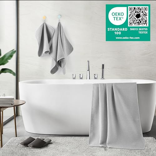 POLYTE 430 GSM Poly Blend Microfiber Quick Dry Waffle Bath Towel Set of 6 | 2-Body Towels, 2-Hand Towels, 2-Wash cloths, Oversize, Lint Free - color: Light Gray