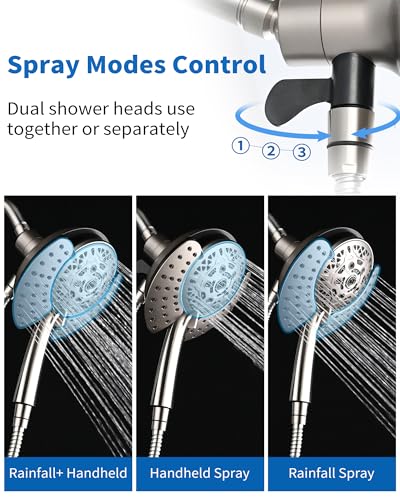 2 in 1 Shower Head with Handheld Combo High Pressure Nickel 1.8 GPM | 7.2" Rain Showerhead and 10 Spray Hand Held Shower, Adjustable Shower Angle, 59-inch Rotatable Stainless Steel Hose - color: Nickel, size: 1.8 GPM