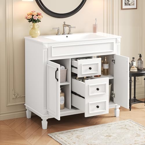 Merax 36" Bathroom Vanity with Sink, 2 Doors & 2 Drawers Storage Cabinet | Freestanding Single Bathroom Sink Vanity Cabinet Set with 36" Ceramic Sink (Sink Cabinet Only, White) - color: White, style: Sink Cabinet Only