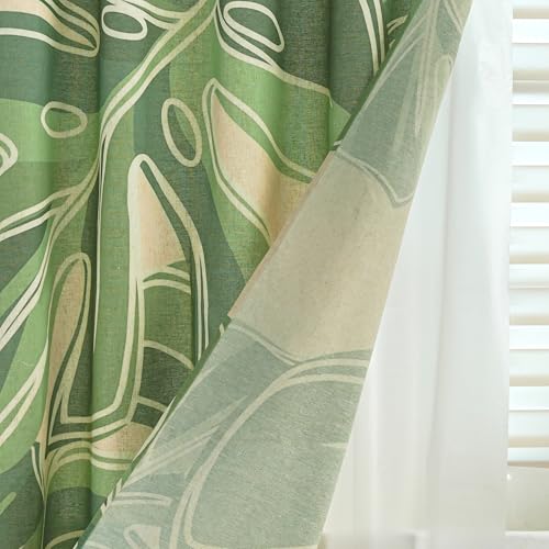 Tropical Plants Linen Shower Boho Curtain Set with Liner,72" Wx72 L | Double Layer Shower Curtain Waterproof Fabric with Zippered Removable PEVA Liner,Boho Shower Curtain for Bathroom,Free Hooks - color: Monstera Leaf
