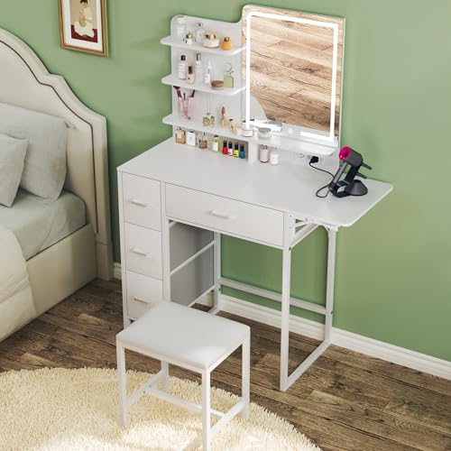 ALEXNUTRE Makeup Vanity Desk with Mirror and Lights, 36.6" Small Makeup Vanity with 4 Fabric Storage Drawer & Chair & Shelves, White Vanity with Fold-up Panel and Power Outlet for Bedroom - style: Milk White