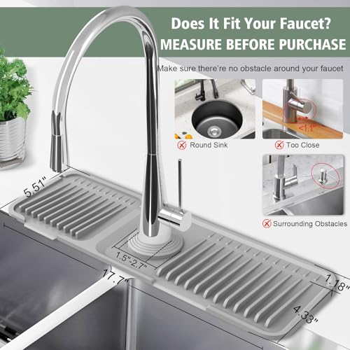 17.7-Inch Kitchen Sink Splash Guard Mat | 7° Slope for Fast Self-Draining | Snap-Lock Design | Universal & Cuttable Silicone Faucet Mat Gray - color: Gray, size: 17.7" x 5.5"