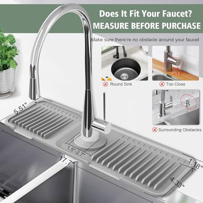 17.7-Inch Kitchen Sink Splash Guard Mat | 7° Slope for Fast Self-Draining | Snap-Lock Design | Universal & Cuttable Silicone Faucet Mat Gray - color: Gray, size: 17.7" x 5.5"
